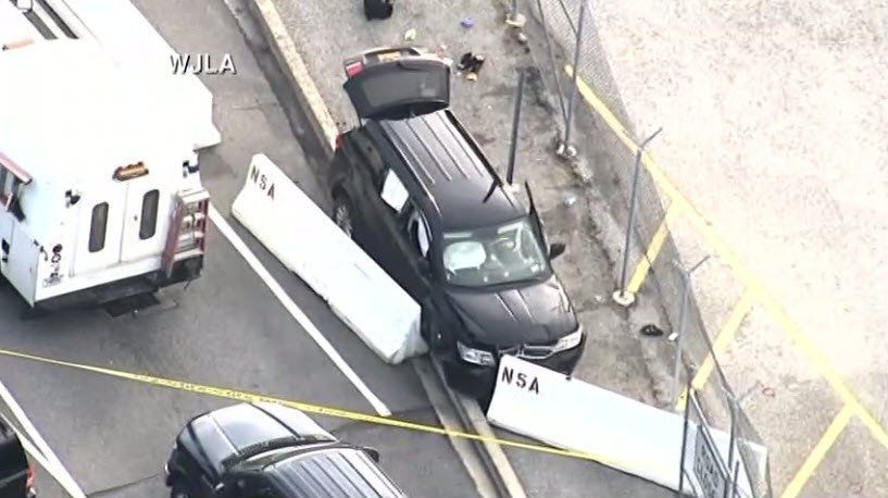 Photo: shooting outside the NSA headquarters in Fort Meade, Maryland. There appears to be an SUV with bullet holes in the windshield near the entrance to the NSA