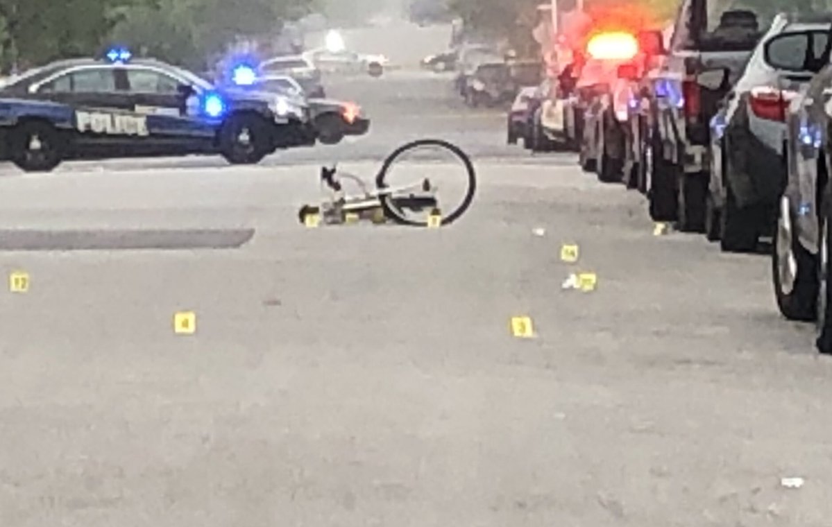 Over 30 crime scene markers at 800 block Montford Ave. in East Baltimore. This is one of several crime scenes related to a quadruple shooting overnight that ended in a car accident and foot chase with 3 arrested and 3 guns recovered a few blocks away