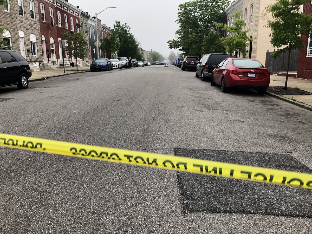 Over 30 crime scene markers at 800 block Montford Ave. in East Baltimore. This is one of several crime scenes related to a quadruple shooting overnight that ended in a car accident and foot chase with 3 arrested and 3 guns recovered a few blocks away