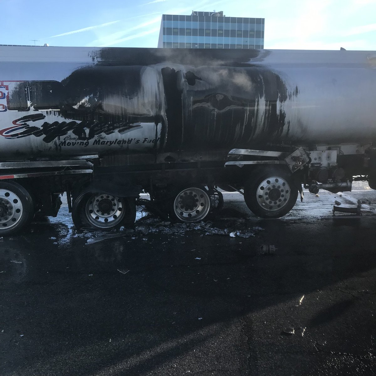 Approx. 9:06 AM PGFD units were dispatched to the 4700-block of Auth Place in Suitland for a reported hazmat incident. On scene crews found a tanker truck on fire. The fire is now out, and there were no injuries