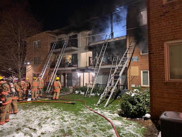 2-Alarm (4a) 8800 Garland Av, off Arliss St, Silver Spring, 4-sty Garden apt, fire on 2- levels, multiple rescues, many others assisted, fire is out, dozens displaced, ~85 FFs on scene, temp 15°, residents temporary shelter at neighborhood library