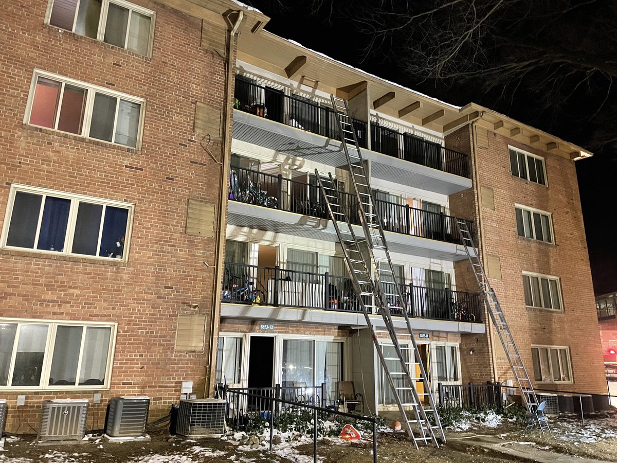 2-Alarm (4a) 8800 Garland Av, off Arliss St, Silver Spring, 4-sty Garden apt, fire on 2- levels, multiple rescues, many others assisted, fire is out, dozens displaced, ~85 FFs on scene, temp 15°, residents temporary shelter at neighborhood library