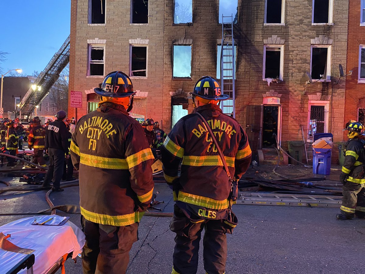 This morning when responding to a 2-alarm fire in the 200block of S. Stricker Street, firefighters were inside battling a fire in a 3 story vacant rowhome. While doing so, a partial collapse occurred a four members were trapped inside