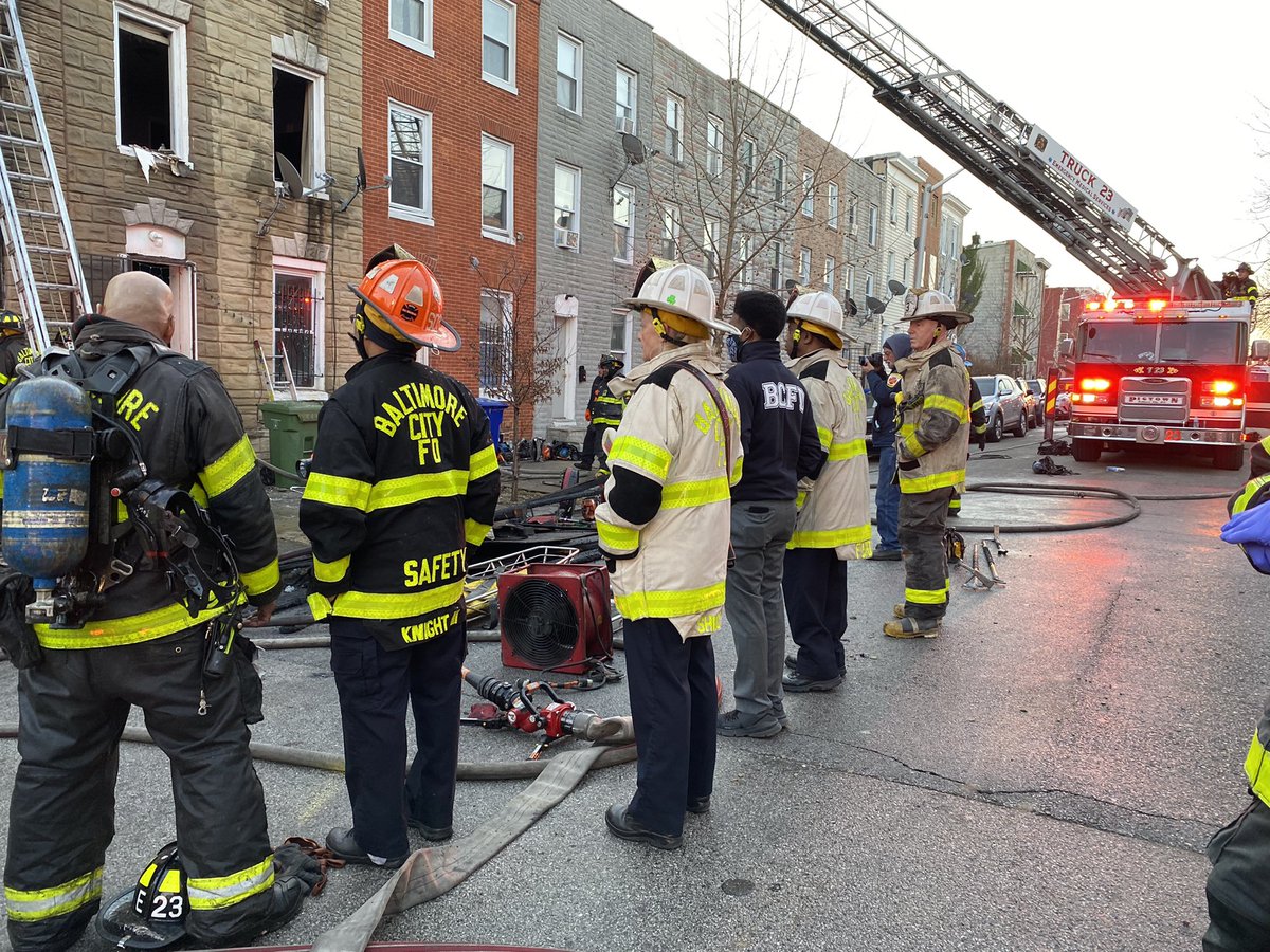 This morning when responding to a 2-alarm fire in the 200block of S. Stricker Street, firefighters were inside battling a fire in a 3 story vacant rowhome. While doing so, a partial collapse occurred a four members were trapped inside