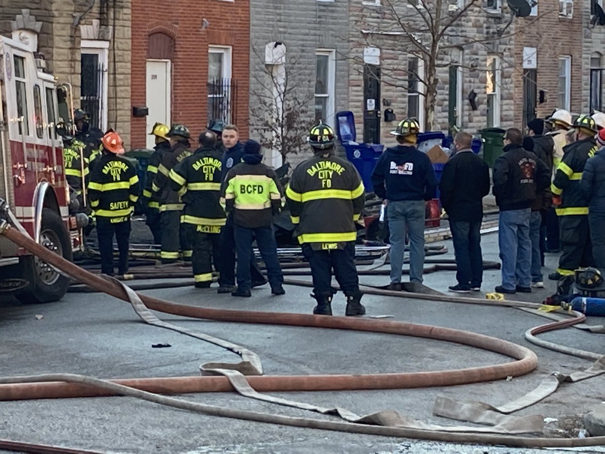 It appears that all 3 of the @BaltimoreFire firefighters have been rescued from the 2-alarm rowhouse fire & transported to the hospital. A partial collapse had trapped the 3 here at S. Stricker &amp; W. Pratt. They were trapped for more than 2 hours. s on