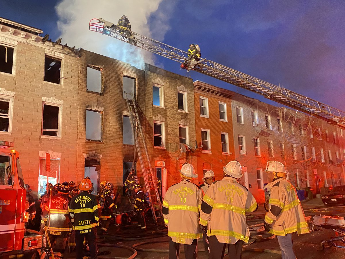 Since 6am, BCFD has been on the scene of a 2-alarm fire in a vacant home in the 200blk of S. Sticker St. 1 firefighter was transported to the hospital in serious condition & we are working to rescue 2 additional FFs inside. Media Staging at S. Stricker &amp; W. Pratt St