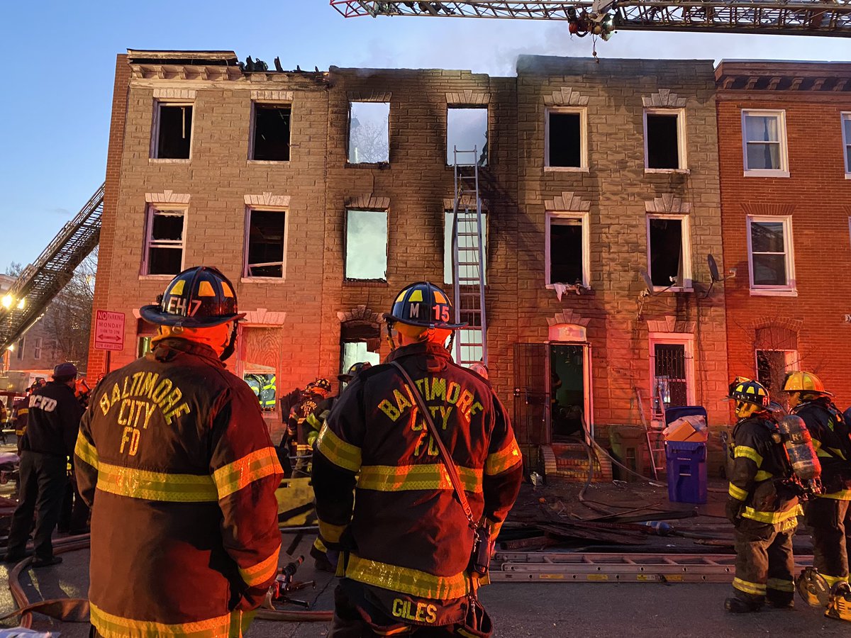 Since 6am, BCFD has been on the scene of a 2-alarm fire in a vacant home in the 200blk of S. Sticker St. 1 firefighter was transported to the hospital in serious condition & we are working to rescue 2 additional FFs inside. Media Staging at S. Stricker &amp; W. Pratt St