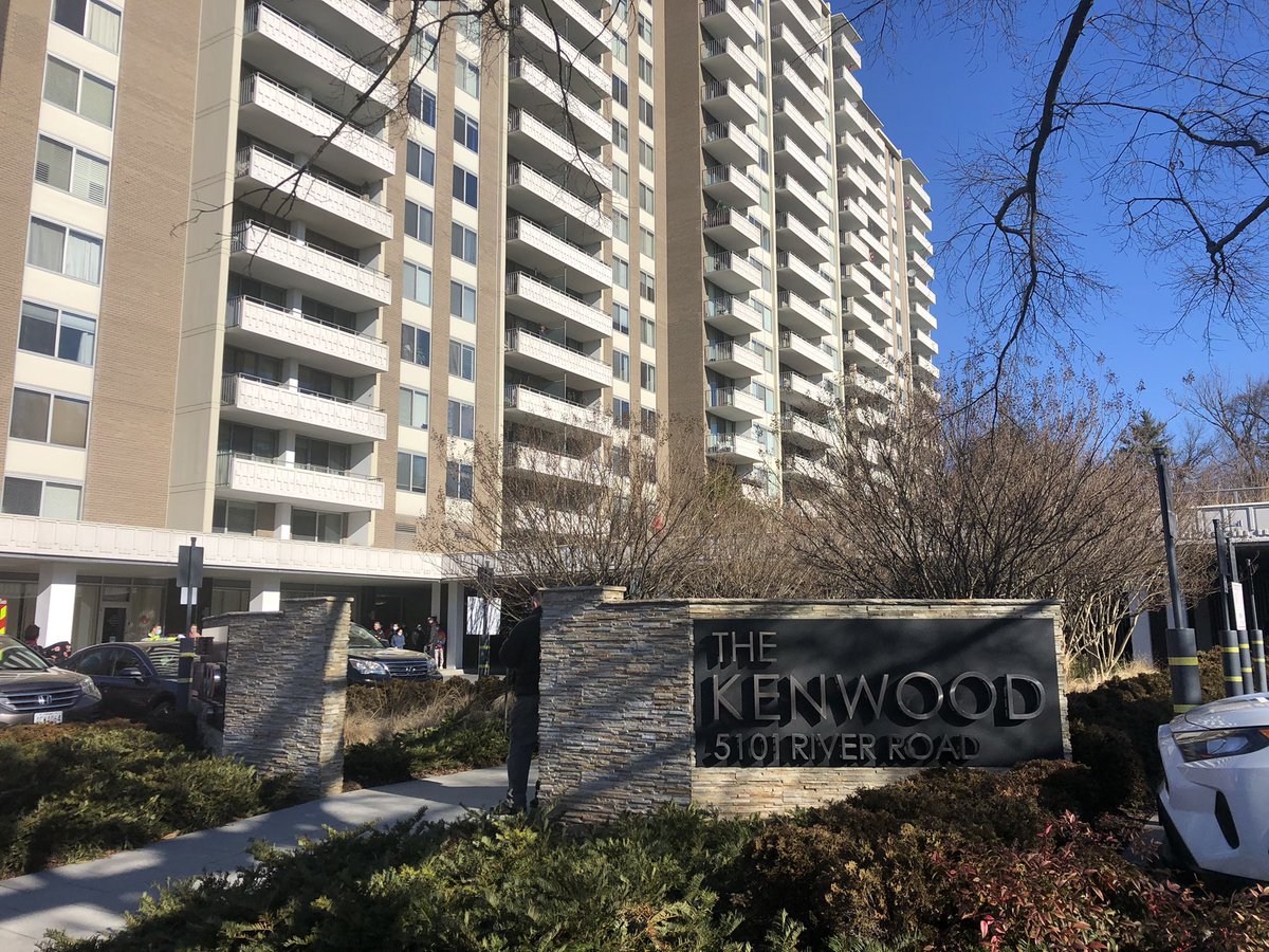 2-Alarm 5101 River Rd., Kenwood Apt, 15-story residential building, fire on 12th floor, fire is extinguished, 1 occupant rescued/assisted by @mcfrs FFs, 1 adult Pri2 (smoke inhalation) being transported by @MCFRS_EMIHS, most residents other being sheltered on 2nd floor