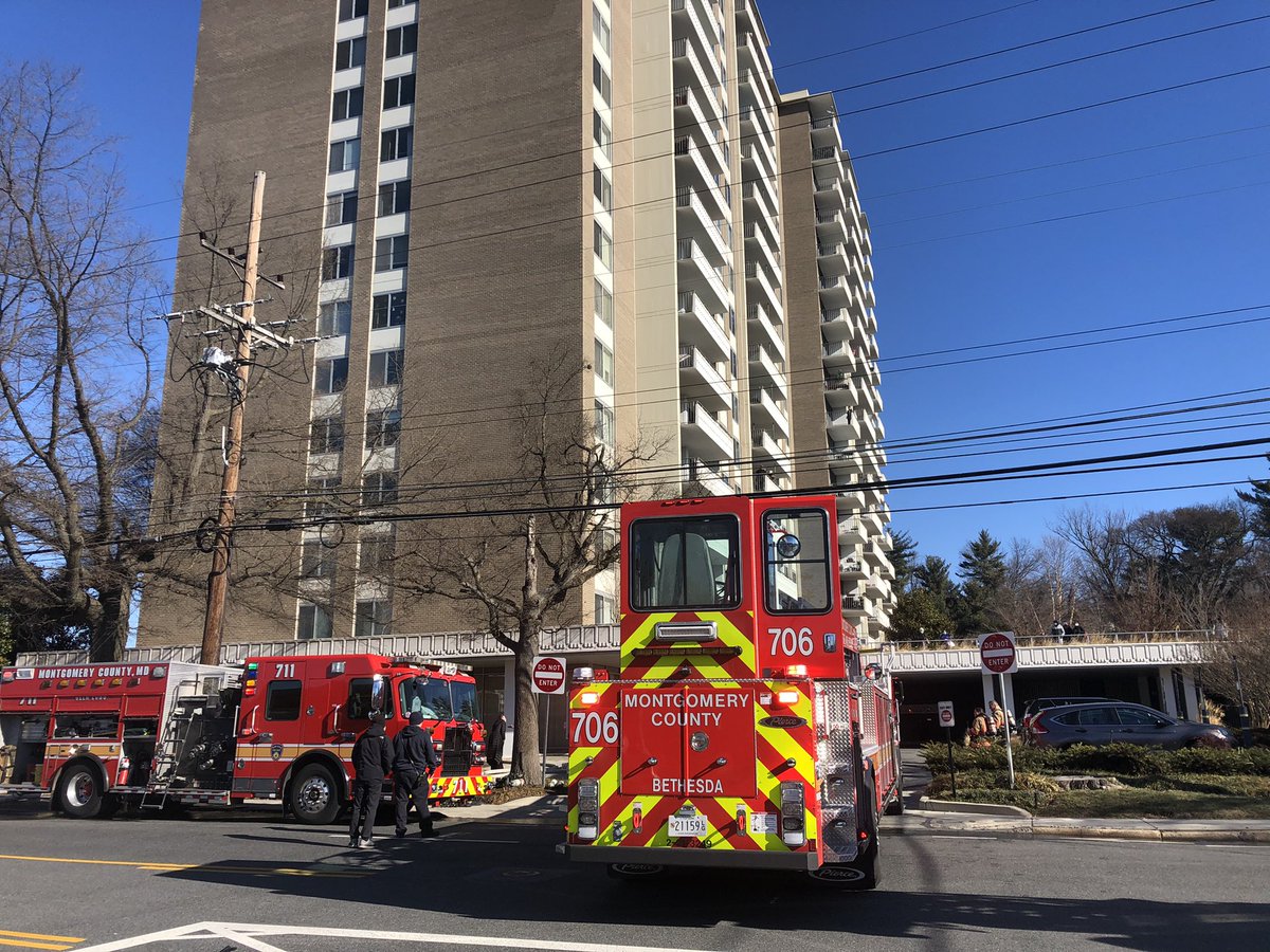 2-Alarm 5101 River Rd., Kenwood Apt, 15-story residential building, fire on 12th floor, fire is extinguished, 1 occupant rescued/assisted by @mcfrs FFs, 1 adult Pri2 (smoke inhalation) being transported by @MCFRS_EMIHS, most residents other being sheltered on 2nd floor