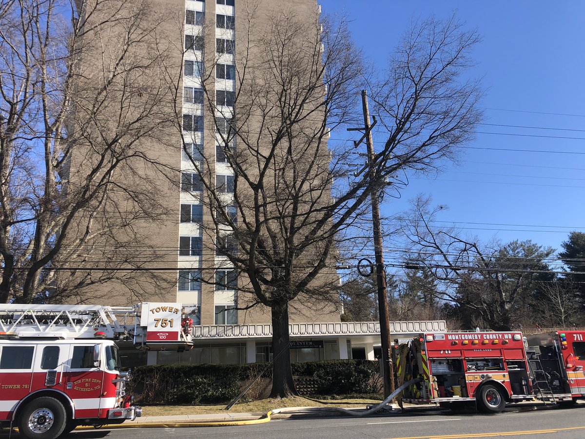 2-Alarm 5101 River Rd., Kenwood Apt, 15-story residential building, fire on 12th floor, fire is extinguished, 1 occupant rescued/assisted by @mcfrs FFs, 1 adult Pri2 (smoke inhalation) being transported by @MCFRS_EMIHS, most residents other being sheltered on 2nd floor