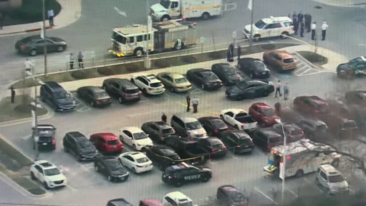 Sky9 over the scene of a confirmed shooting near UM Baltimore Wash Medical Center (off hospital drive in Glen Burnie MD).