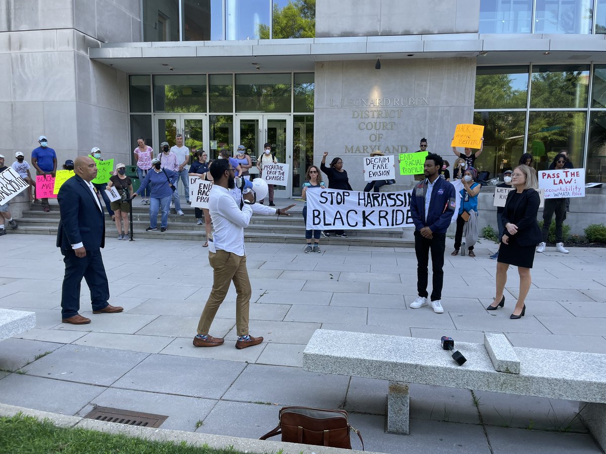 At 5 pm today:Silver Spring Justice Coalition protests the arrest of a Howard University student who was accused of fare evasion. He's facing multiple charges after the situation escalated. His dad joined the demonstration