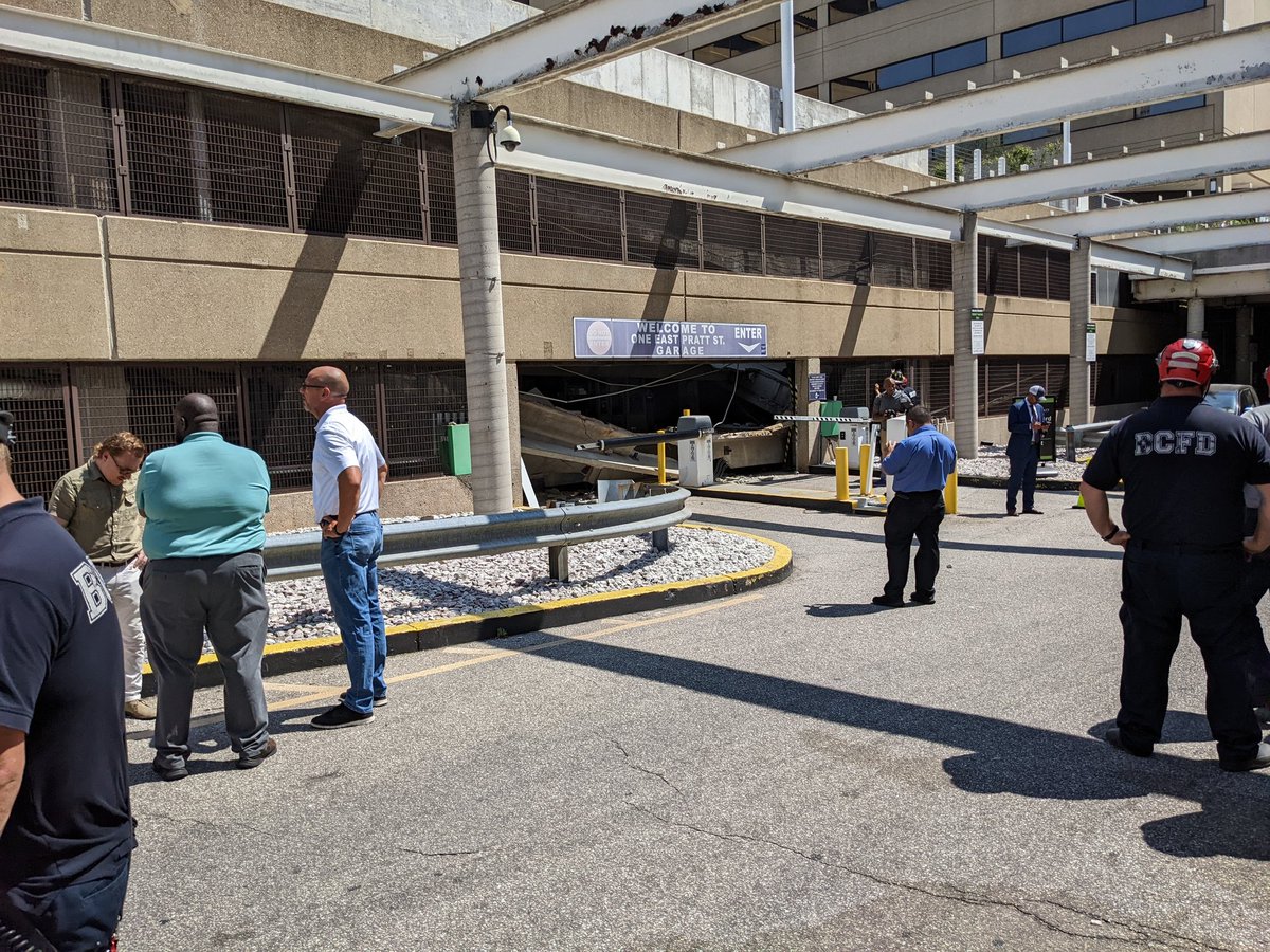 One E Pratt St Garage Collapse  No injuries at this time, collapse zone has been secured, emergency personnel / building inspectors on scene, search operations concluded and no entrapments found. S Charles St between Pratt St and Conway St closed