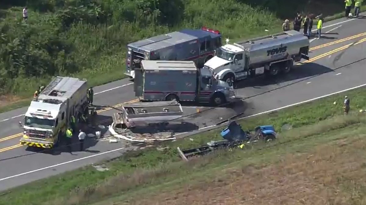 Collision involving an overturned tanker & fuel spill/hazmat on W. Watersville Rd. near Ridge Rd. in Mount Airy