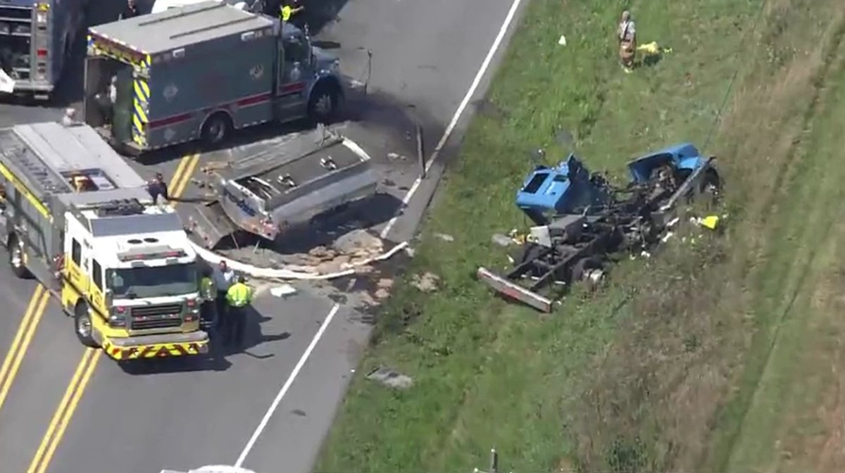 Collision involving an overturned tanker & fuel spill/hazmat on W. Watersville Rd. near Ridge Rd. in Mount Airy