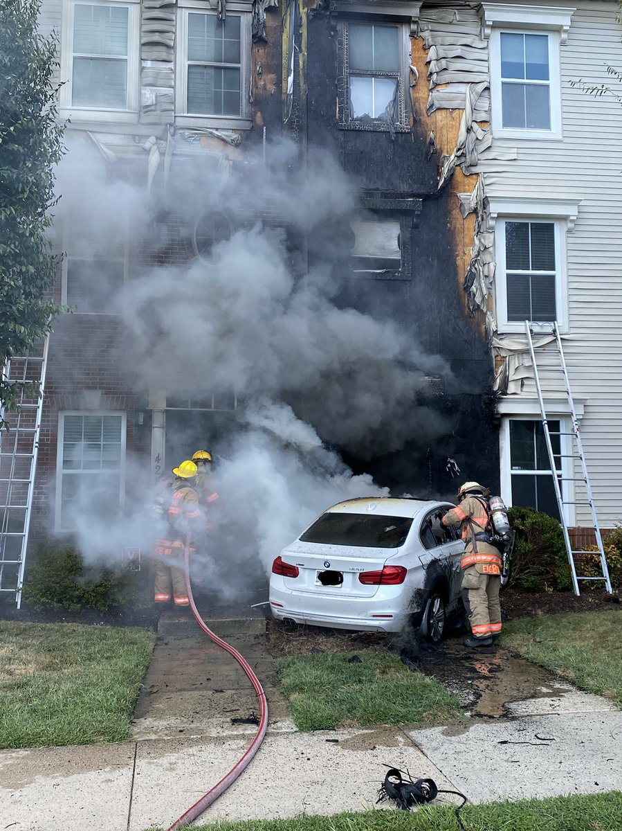 A BMW sedan crashed into a townhome along Orchard Ridge Drive in Gaithersburg around 2:45p. The collision set two townhomes on fire.  Medics took one person to the hospital with critical injuries.  There is a Remax under contract sign in the front yard of the main townhome