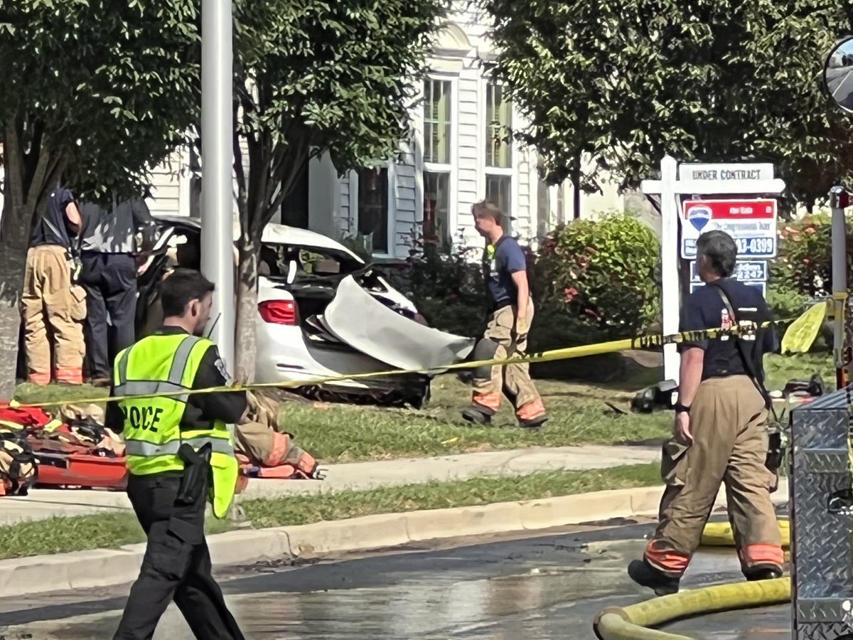 A BMW sedan crashed into a townhome along Orchard Ridge Drive in Gaithersburg around 2:45p. The collision set two townhomes on fire.  Medics took one person to the hospital with critical injuries.  There is a Remax under contract sign in the front yard of the main townhome