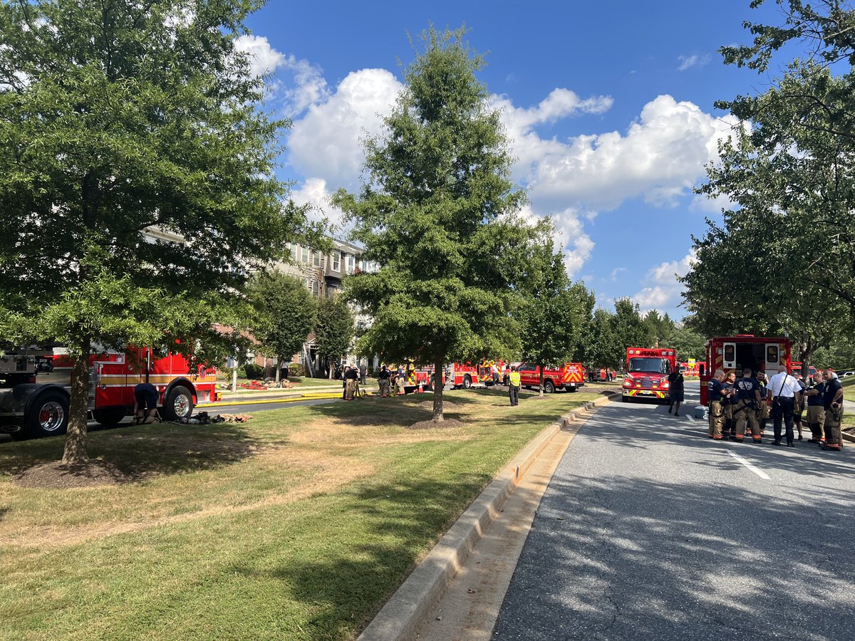 A BMW sedan crashed into a townhome along Orchard Ridge Drive in Gaithersburg around 2:45p. The collision set two townhomes on fire.  Medics took one person to the hospital with critical injuries.  There is a Remax under contract sign in the front yard of the main townhome