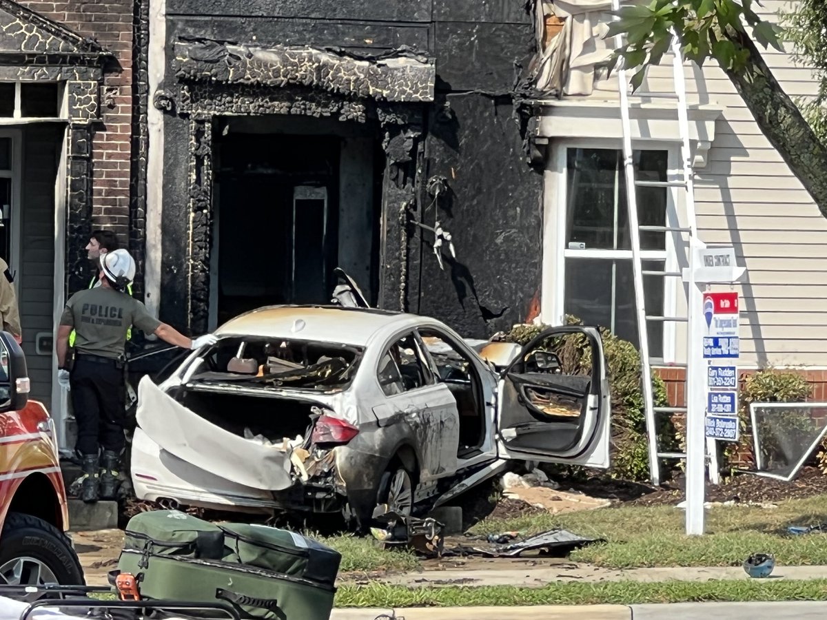 A BMW sedan crashed into a townhome along Orchard Ridge Drive in Gaithersburg around 2:45p. The collision set two townhomes on fire.  Medics took one person to the hospital with critical injuries.  There is a Remax under contract sign in the front yard of the main townhome