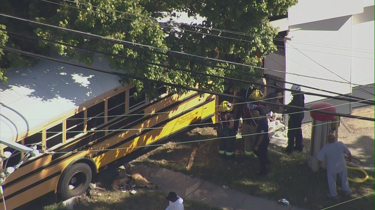 In Forestville Maryland - Forestville Road and Stewart Road, school bus into shell station with partial building collapse, at least one person transported, Chopper4 first on scene  