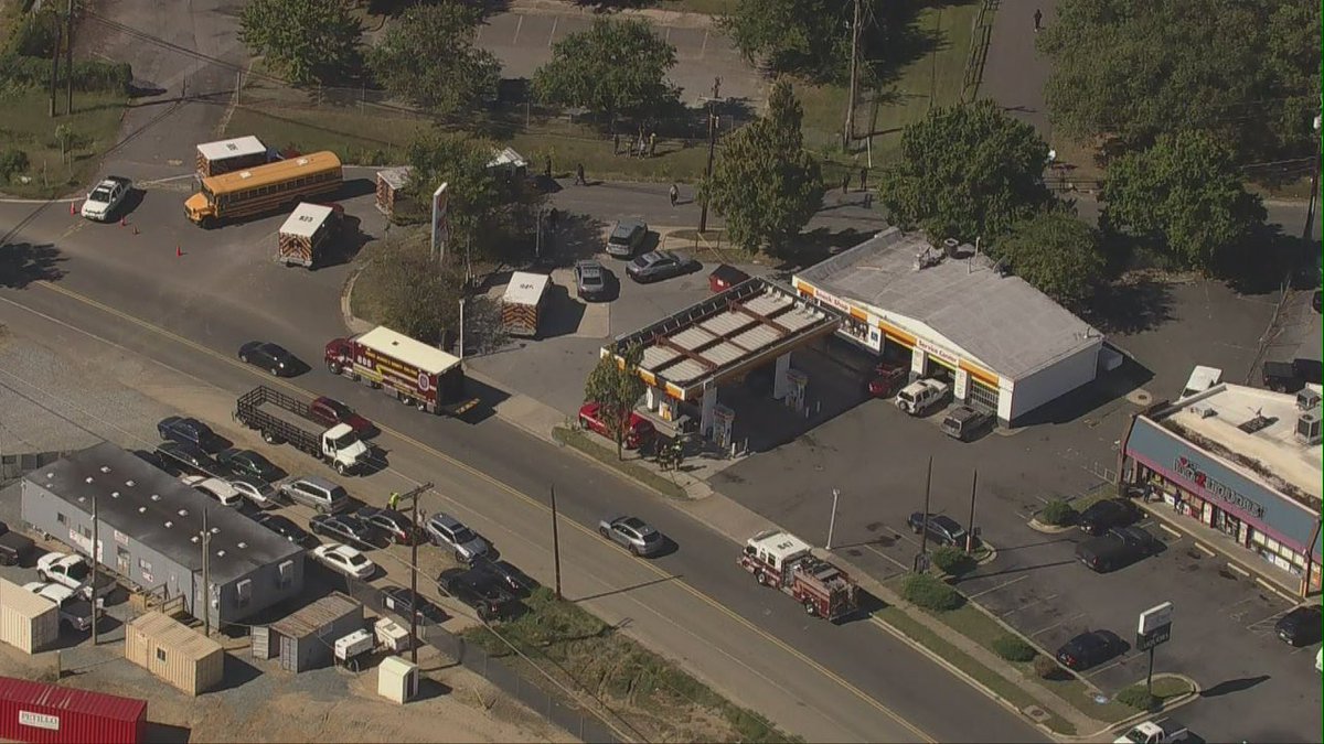 In Forestville Maryland - Forestville Road and Stewart Road, school bus into shell station with partial building collapse, at least one person transported, Chopper4 first on scene  