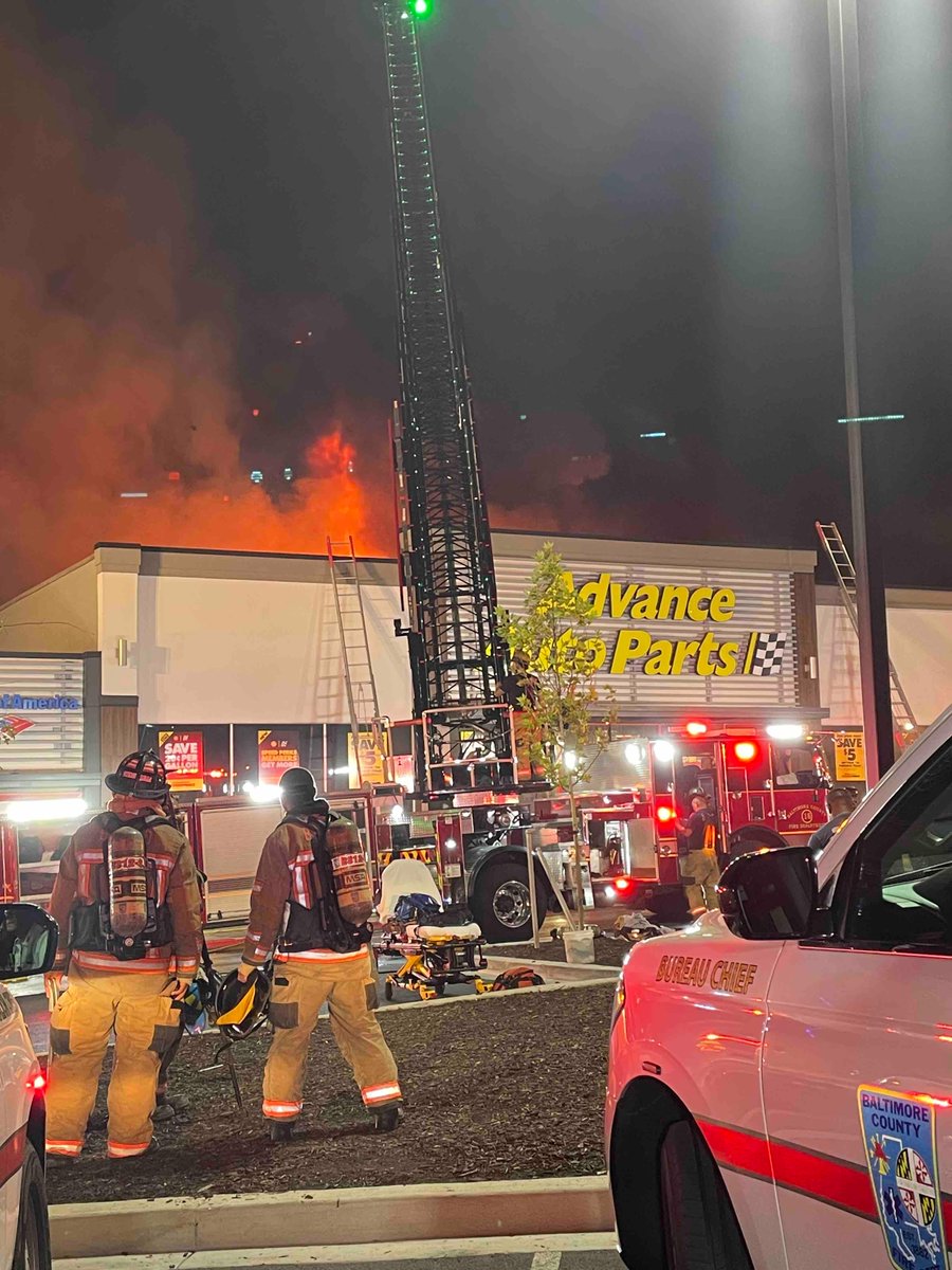 3 ALARM FIRE in Baltimore Co.3-alarm Fire, Advanced Auto Parts, 11900 block of Reisterstown Rd, 21136. A mayday was called at 9:44 pm; one firefighter has been removed and is being evaluated w non life threatening injuries . Exterior ops only.