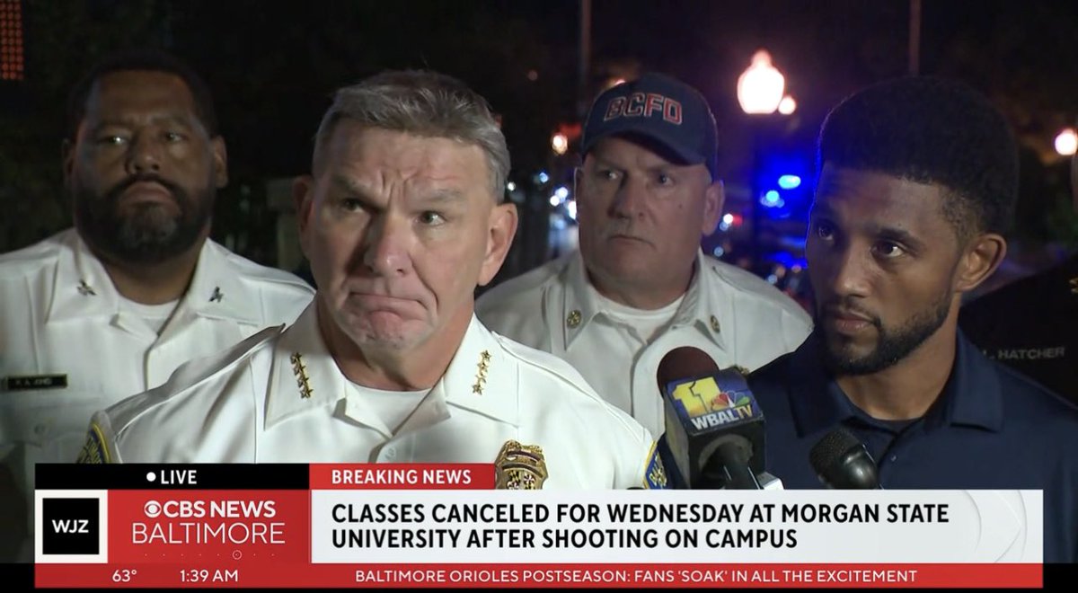 From MorganState shooting news conference:5 shot. Ages 18-22. 4 men. 1 woman. 4 of the victims are MSU students. Classes are CANCELED tomorrow. Suspect(s) still at large