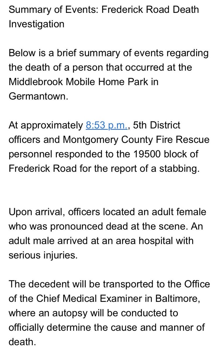 Woman dead and man seriously injured at the Middlebrook Mobile Home Park in Germantown. Police are calling it a death investigation