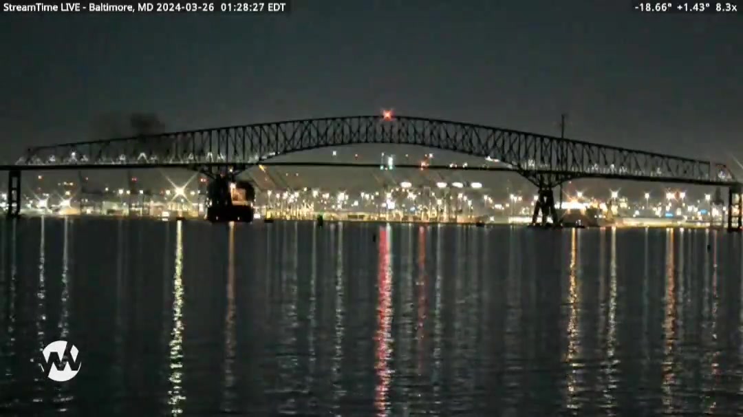 Per scanner, rescue operation believes some 20 people were on the Francis Scott Key Bridge in Baltimore at the time of the collapse. The cargo ship has a breach in the hull and is listing to its side with a smell of diesel full reported