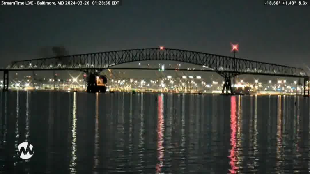 Per scanner, rescue operation believes some 20 people were on the Francis Scott Key Bridge in Baltimore at the time of the collapse. The cargo ship has a breach in the hull and is listing to its side with a smell of diesel full reported