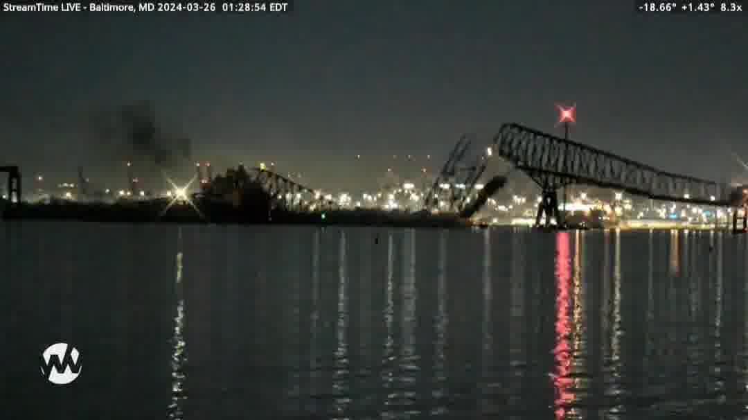 Per scanner, rescue operation believes some 20 people were on the Francis Scott Key Bridge in Baltimore at the time of the collapse. The cargo ship has a breach in the hull and is listing to its side with a smell of diesel full reported