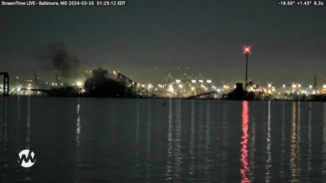 Per scanner, rescue operation believes some 20 people were on the Francis Scott Key Bridge in Baltimore at the time of the collapse. The cargo ship has a breach in the hull and is listing to its side with a smell of diesel full reported