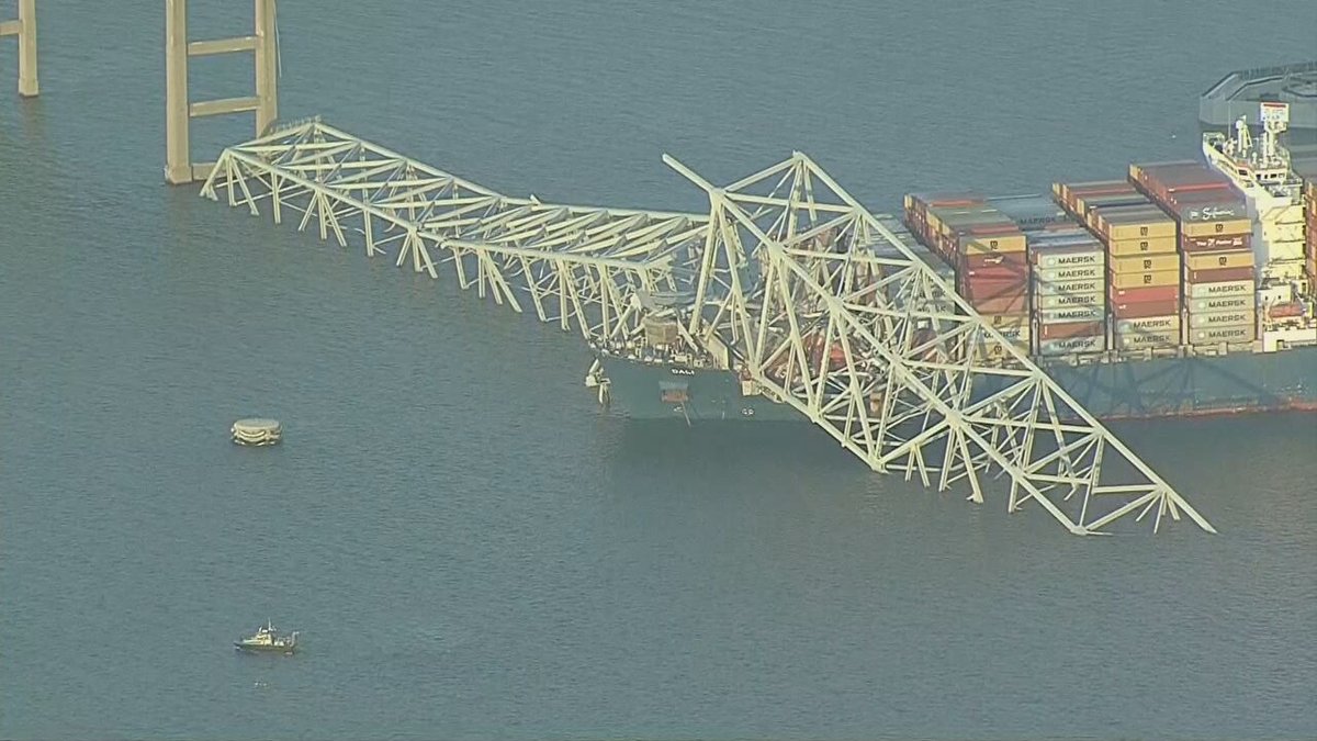 SkyTrak7 is on the scene of the aftermath of the Francis Scott Key Bridge in Baltimore, Maryland.