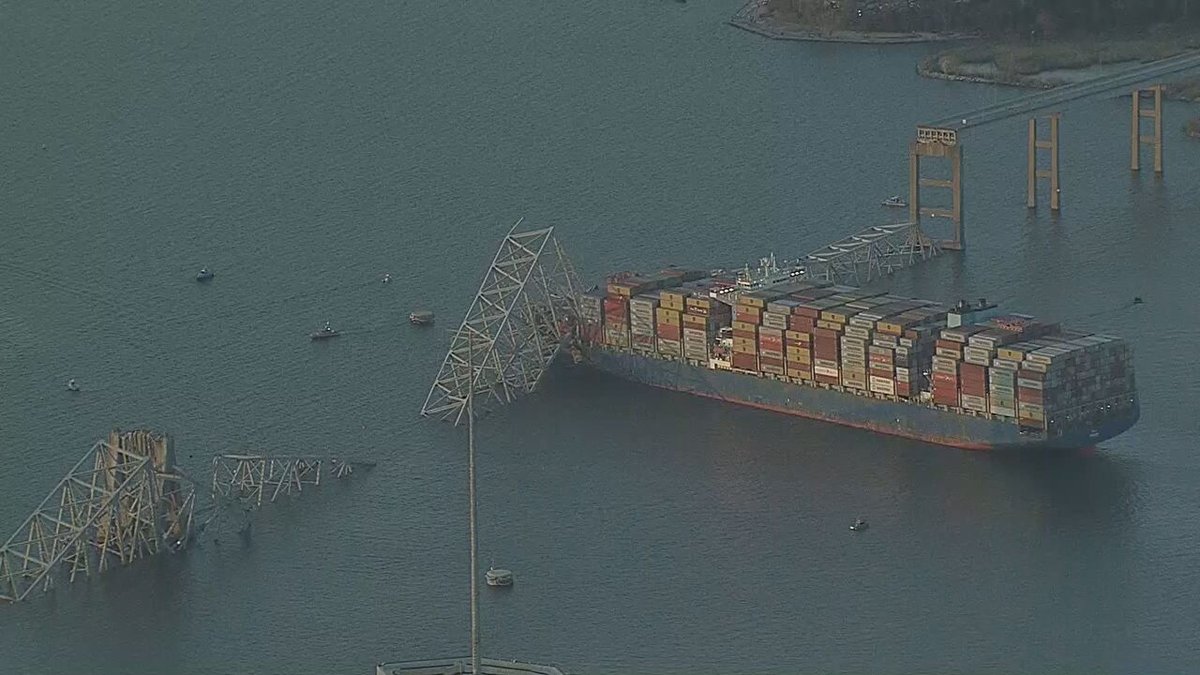 SkyTrak7 is on the scene of the aftermath of the Francis Scott Key Bridge in Baltimore, Maryland.