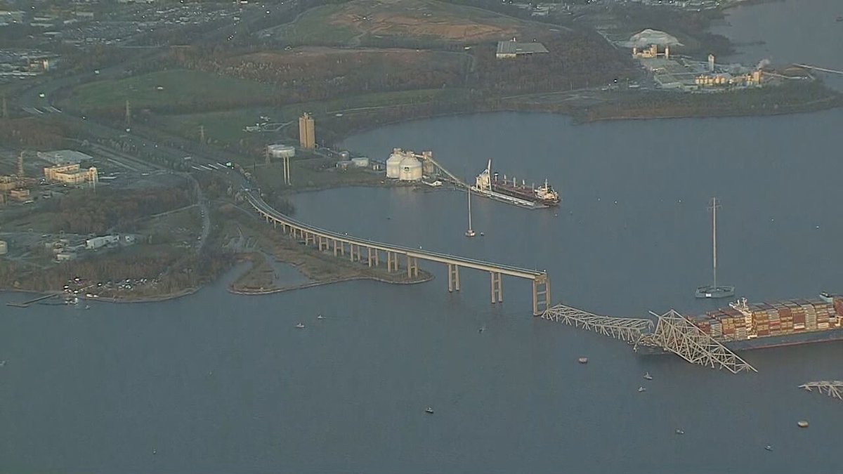 SkyTrak7 is on the scene of the aftermath of the Francis Scott Key Bridge in Baltimore, Maryland.