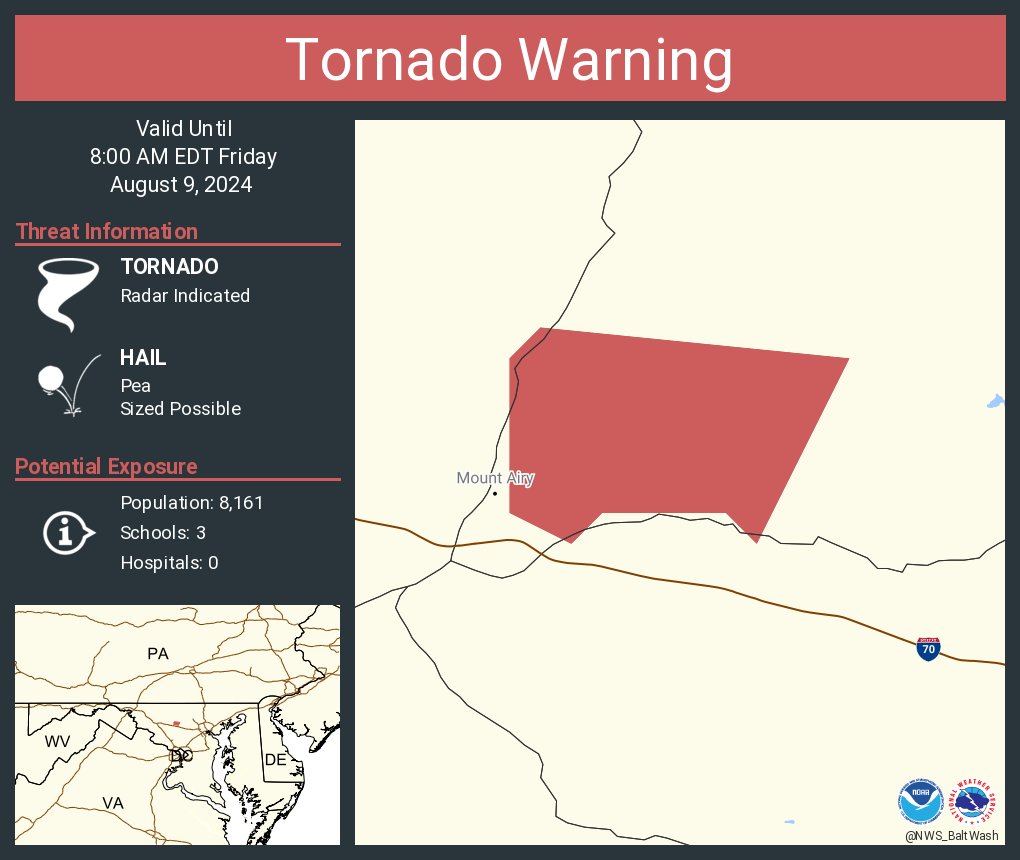 Tornado Warning continues for Carroll County, Howard County and Mount Airy until 8:00AM. (National Weather Service)