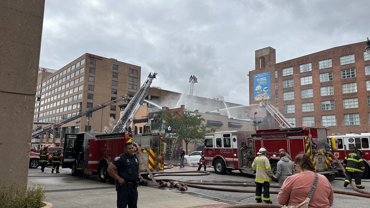 The 1st alarm was dispatched at 9:26 AM. 2nd - 9:33. 3rd - 9:40. 4th - 9:51. 5th - 10:04 Fire under control at 11:54 A MMany roads remain blocked. @mtamaryland Light Rail is running again. This fire is across the street from @BaltimoreFire Steadman Station & the Bromo Seltzer Tower