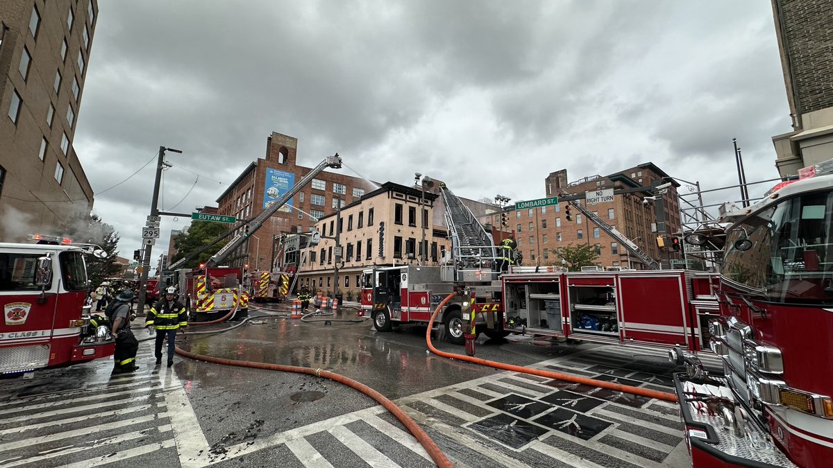 The 1st alarm was dispatched at 9:26 AM. 2nd - 9:33. 3rd - 9:40. 4th - 9:51. 5th - 10:04 Fire under control at 11:54 A MMany roads remain blocked. @mtamaryland Light Rail is running again. This fire is across the street from @BaltimoreFire Steadman Station & the Bromo Seltzer Tower