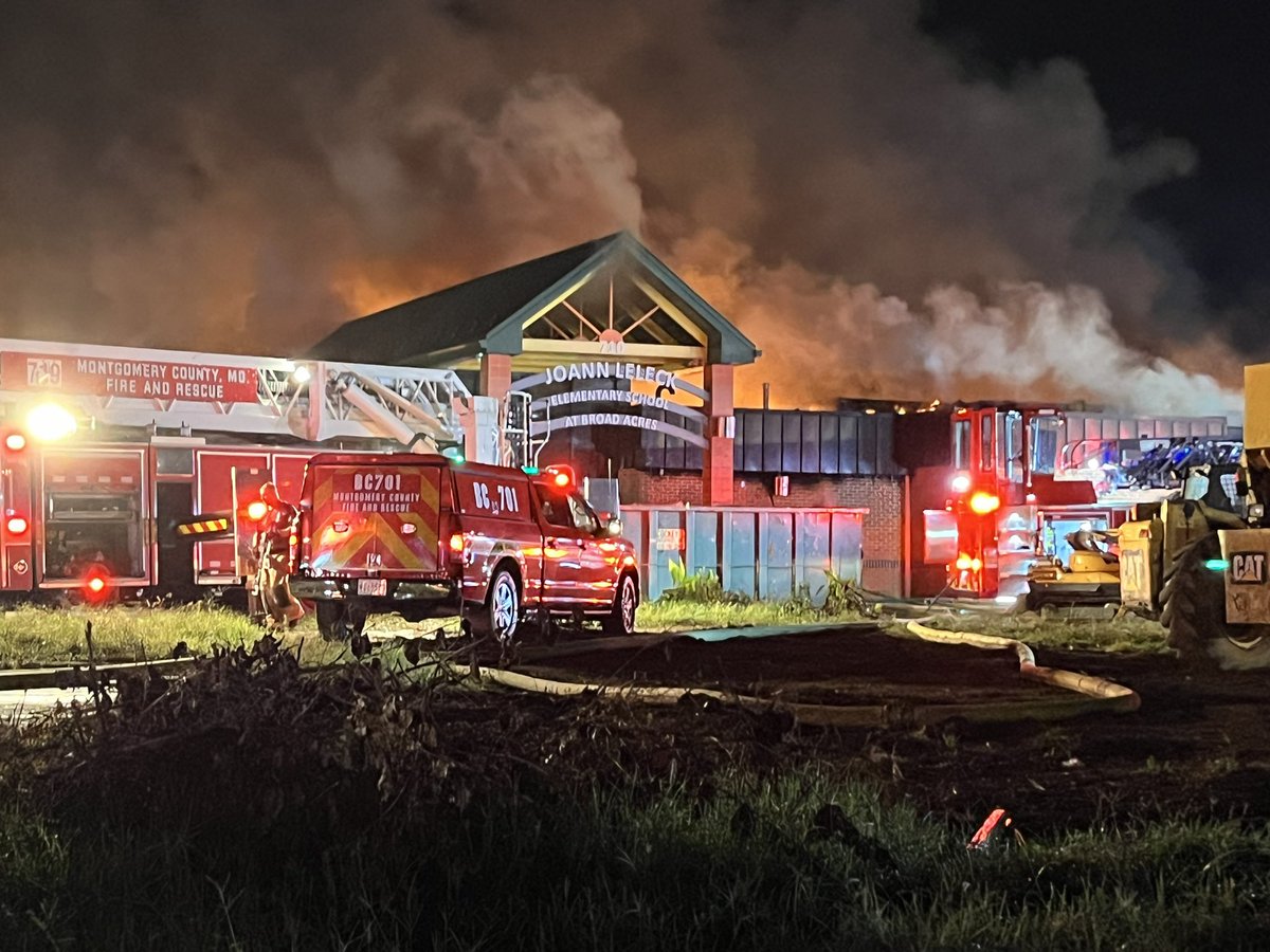 Midnite  - Beacon Rd, @mcfrs @PGFDNews FFs remain on scene, bulk of fire contained & FFs still engaged in active firefighting operations, fire seems to be burning in concealed & void spaces, school bldg under construction & scheduled for demolition, the area is fenced off