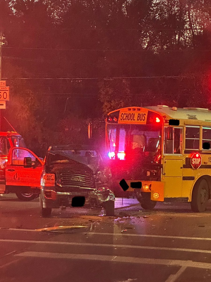 NH Av & Norwood Rd, collision involved school bus & landscaping truck, no injuries to bus passengers, students have been transferred & put onto another bus & have departed, @MCFRS_EMIHS transported 1 Pri3 patient NLTI, some lanes blocked