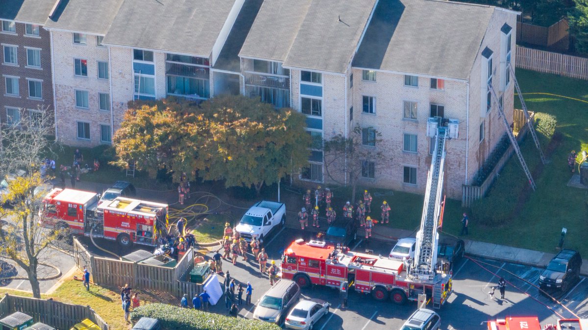 Silver Spring, MD - Aerial from the scene of a two alarm fire in the 3500blk of Peartree Court.  