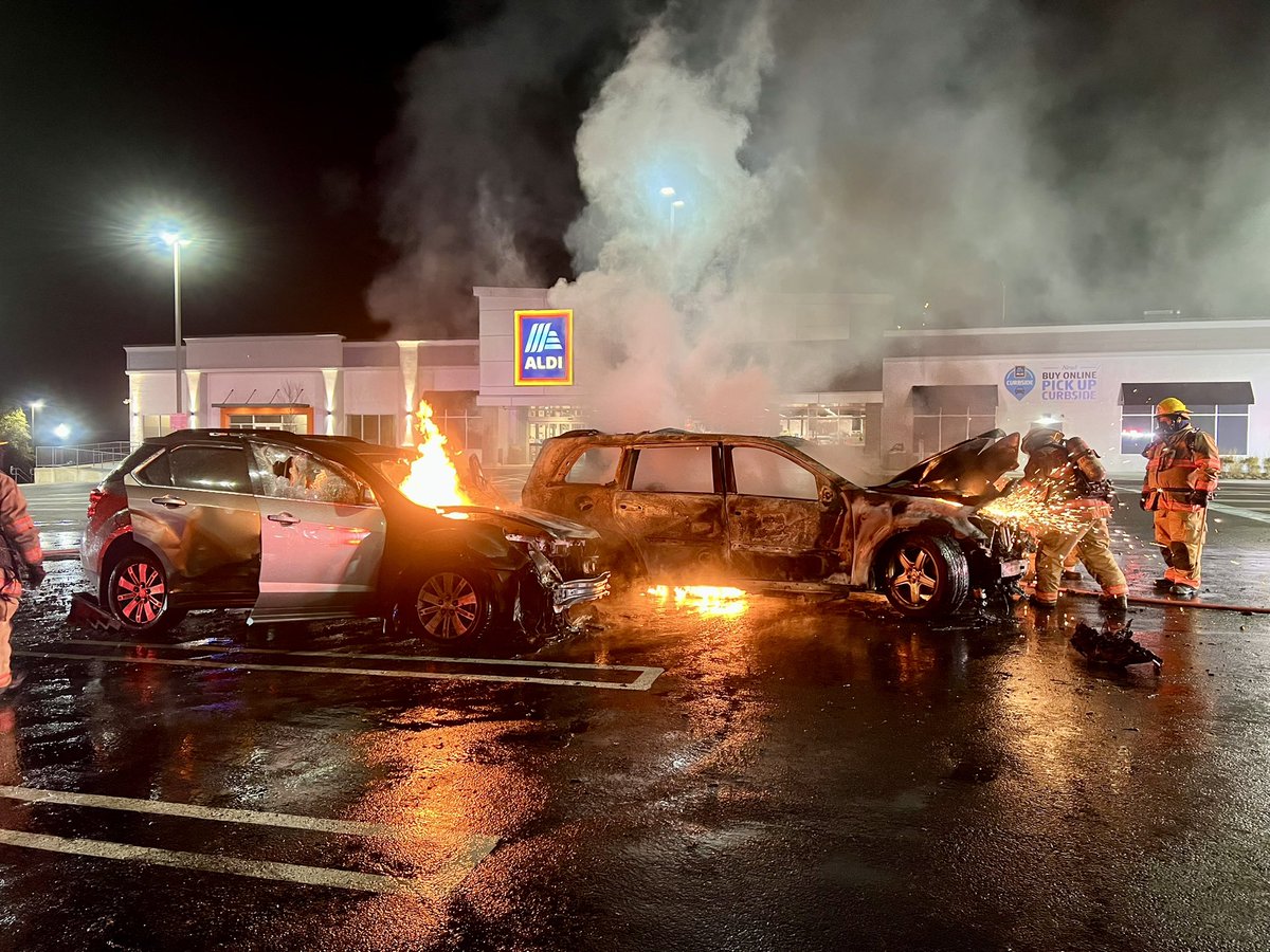 Walnut Hill shopping center 700blk S Frederick Av, vehicle(s) fire, @mcfrs PE708, PE732, PAT708 on scene, 2 Vehicles were burned up, a motorist was attempting to ‘jump start’ the other. There was a mishap