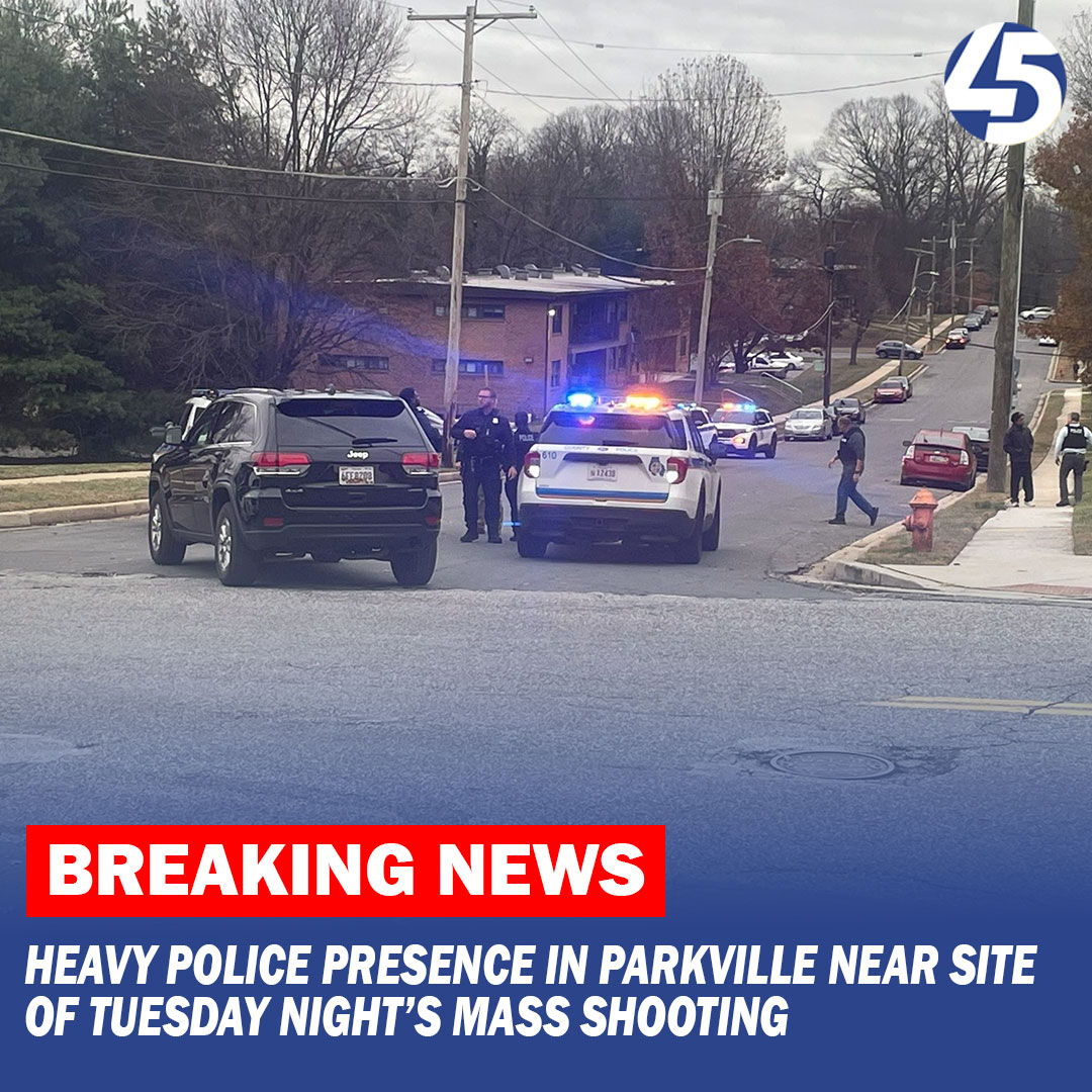 There is a heavy police presence on the border of Towson and Parkville near the site of Tuesday night's mass shooting