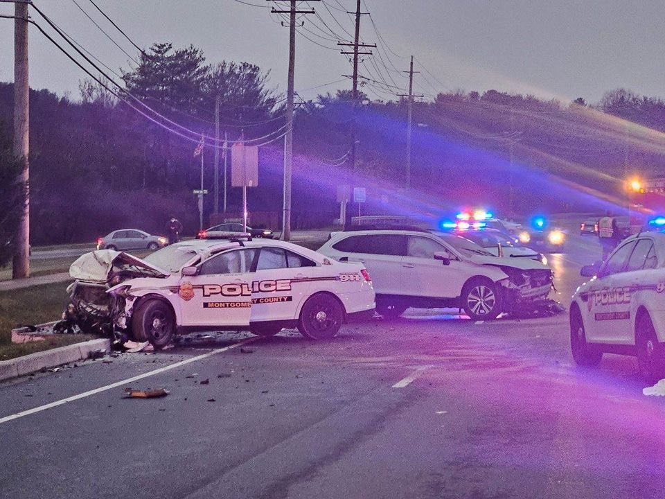 officer-involved crash on Snouffer School Rd in Montgomery County(The Montgomery County police officer was taken to the hospital with serious but non-life-threatening injuries & is expected to make a full recovery.