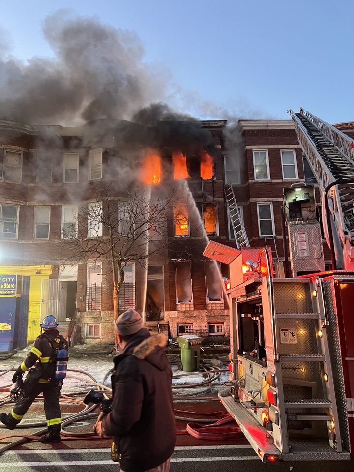 On West Baltimore fire:1600 block W North Ave.Called in 6:59A, under control 1hr3 homes involved 2 alarms ≈80 personnel. 1 civilian died, medical examiner will determine causeNo other civilian or FD injuries. 