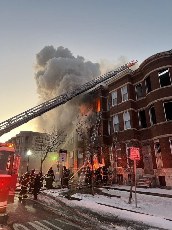 On West Baltimore fire:1600 block W North Ave.Called in 6:59A, under control 1hr3 homes involved 2 alarms ≈80 personnel. 1 civilian died, medical examiner will determine causeNo other civilian or FD injuries. 