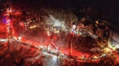 Gaithersburg, MD (initial dispatch)  Aerial photos of a reported house fire on Griffith Rd, non-hydrant area, large house, significant fire conditions