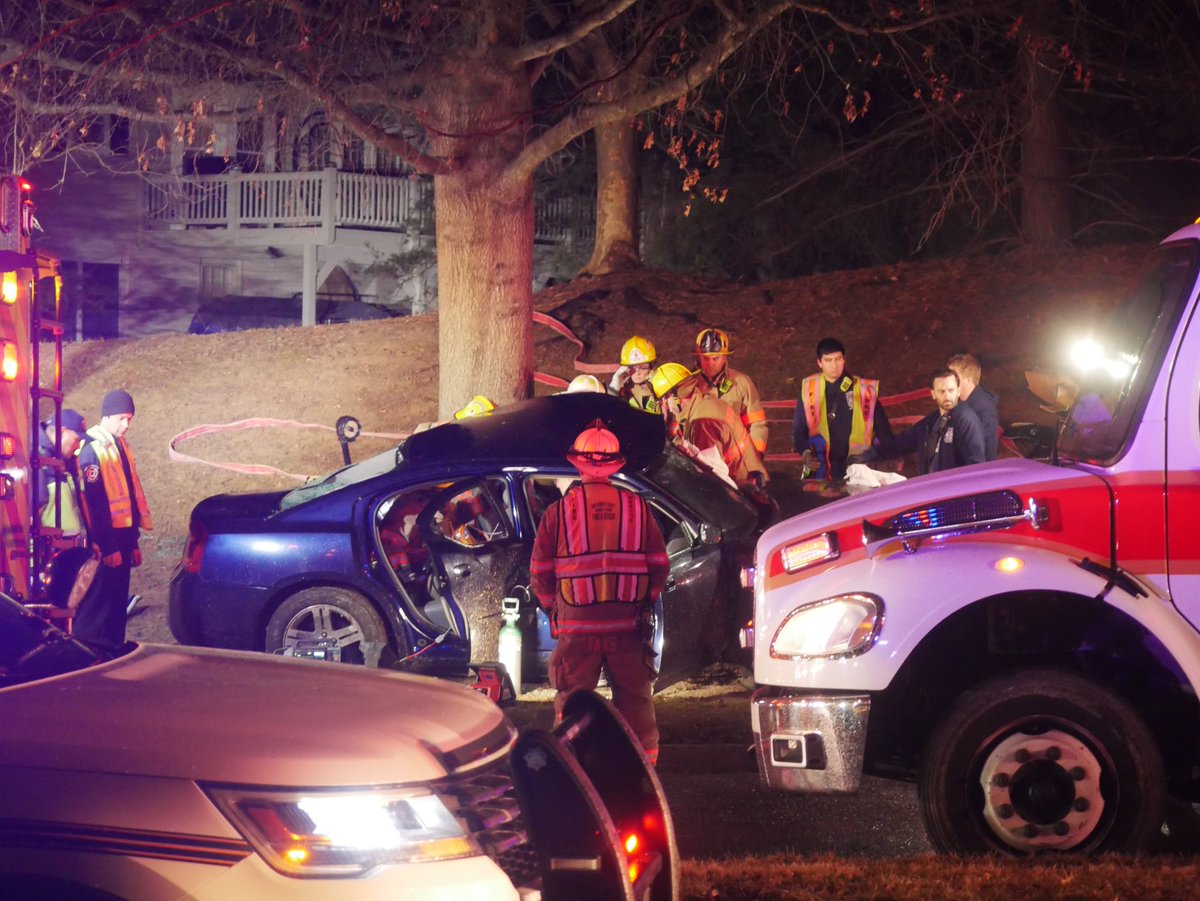 TEEN INJURED IN CRITICAL INJURY CRASH: East Village Ave & Dry Ridge Rd in Montgomery Village— the teen driver of a Dodge Charger crashed into a tree at high speeds & sustained critical injuries. (now unresponsive) All of East Village Ave is shutdown