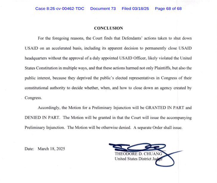 A federal judge in Maryland, USA, issued a preliminary injunction ordering Elon Musk and the DOGE Service to restore almost all of the Agency for International Development (USAID).