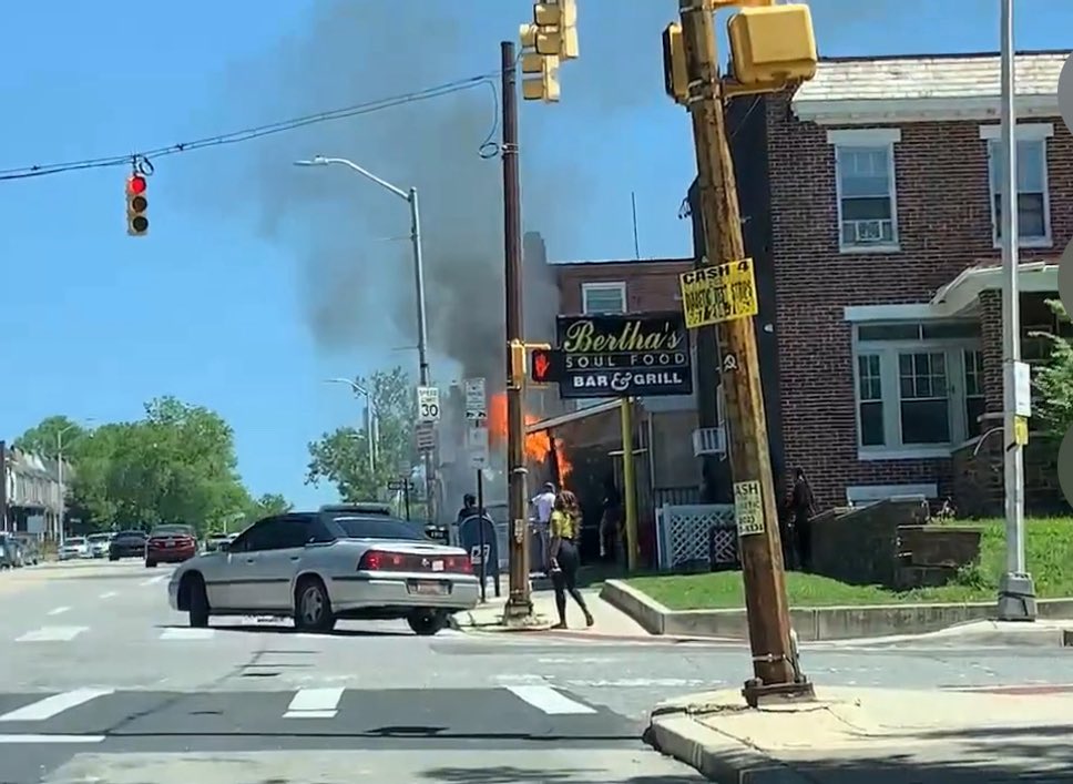 Baltimore Fire Firefighters are fighting a building fire in Northeast Baltimore.(Belair-Edison, Baltimore) Flames Erupt at Bertha’s Soul Food Bar